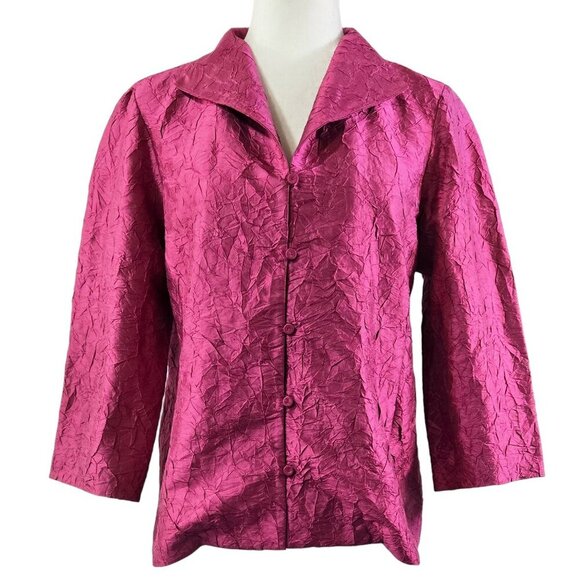 Eileen Fisher 100% Silk Dark Pink Fuschia Crinkle Texture Button-Up Jacket - Picture 1 of 8